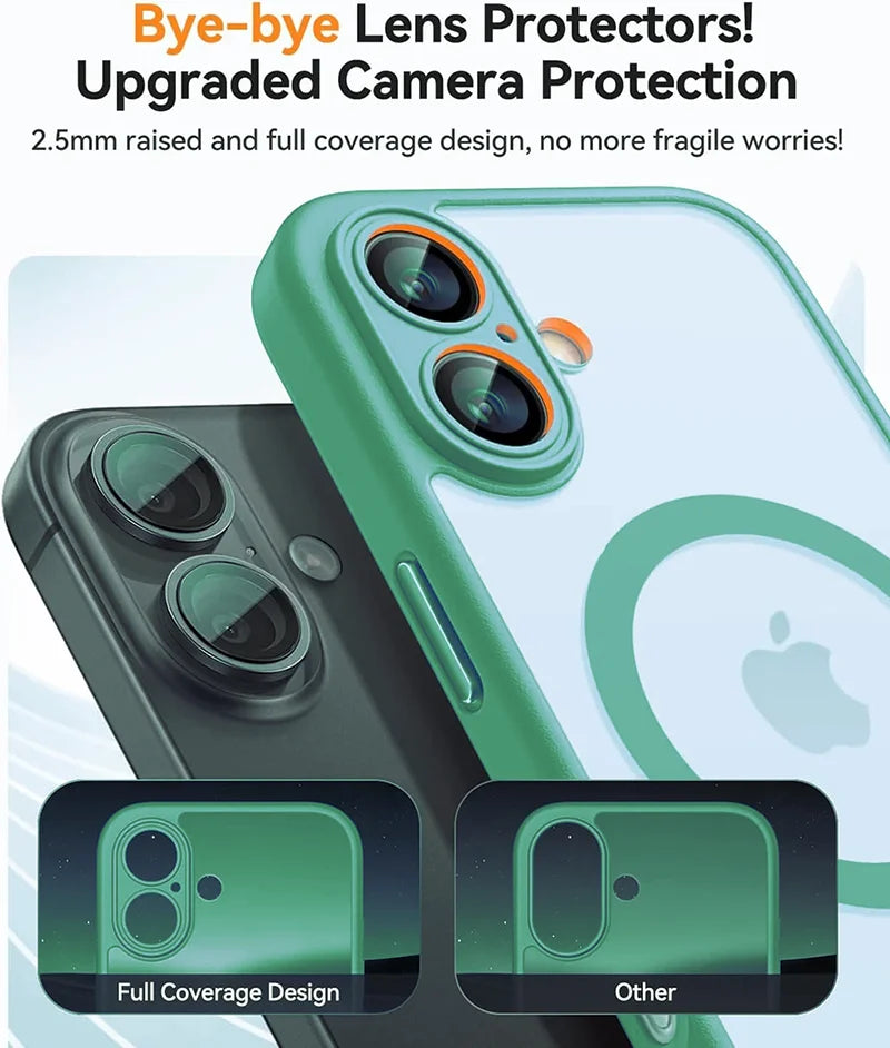 Green camera lens protector with text about upgraded camera protection on a blurred phone background