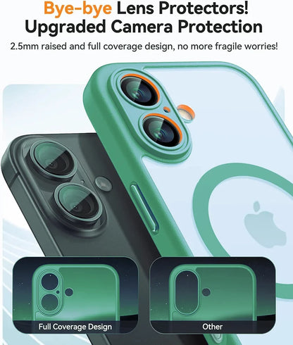 Green camera lens protector with text about upgraded camera protection on a blurred phone background