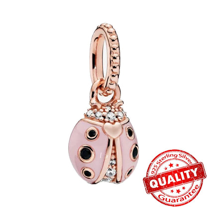 Sparkling Rose Gold Pavé Triple-row Beads Pink Gem Entwined Hearts Charm Fits Brand Bracelet Pure Ember
