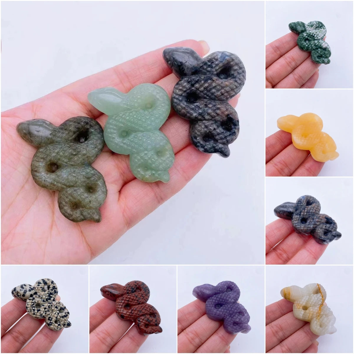 A collage of various crystal snake statues in different colors held in a person's hand.