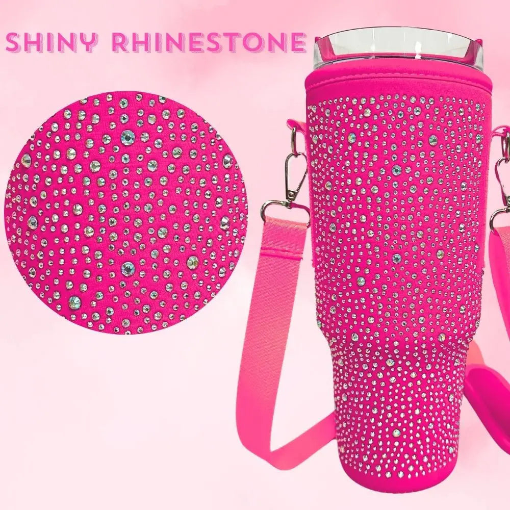 Pink water bottle holder with rhinestones on a pink background