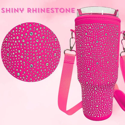 Pink water bottle holder with rhinestones on a pink background