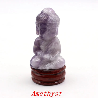 Amethyst crystal statue on a wooden stand with 'Amethyst' text