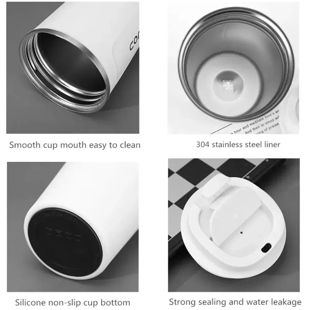 Thermo Cafe Mug - Stainless Steel Coffee Mug features smooth rim, 304 stainless steel liner, non-slip base, and leak-proof lid.