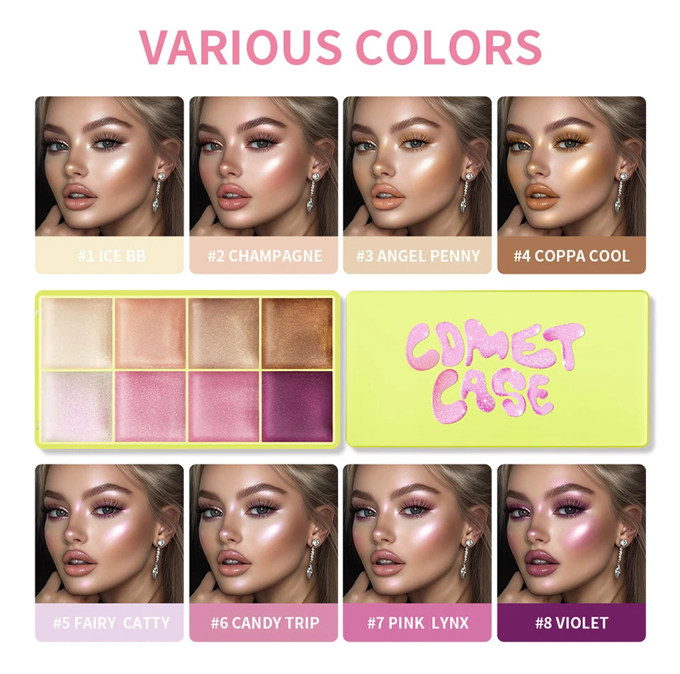 8 Colors Cream Highlighter Palette for Highlight, Blush & Contouring Pure Ember
