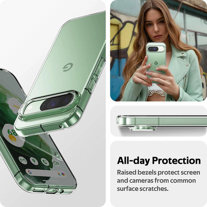 Green smartphone with protective case, showing screen and camera angles, and a person using the phone.