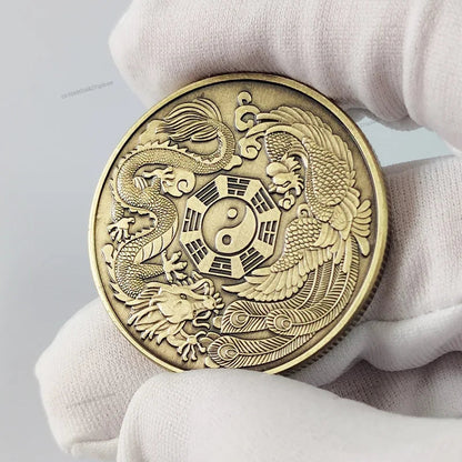 Chinese Coins Dragon Phoenix for Luck Commemorative Metal Craft Embossed Collectible Coins Pure Ember