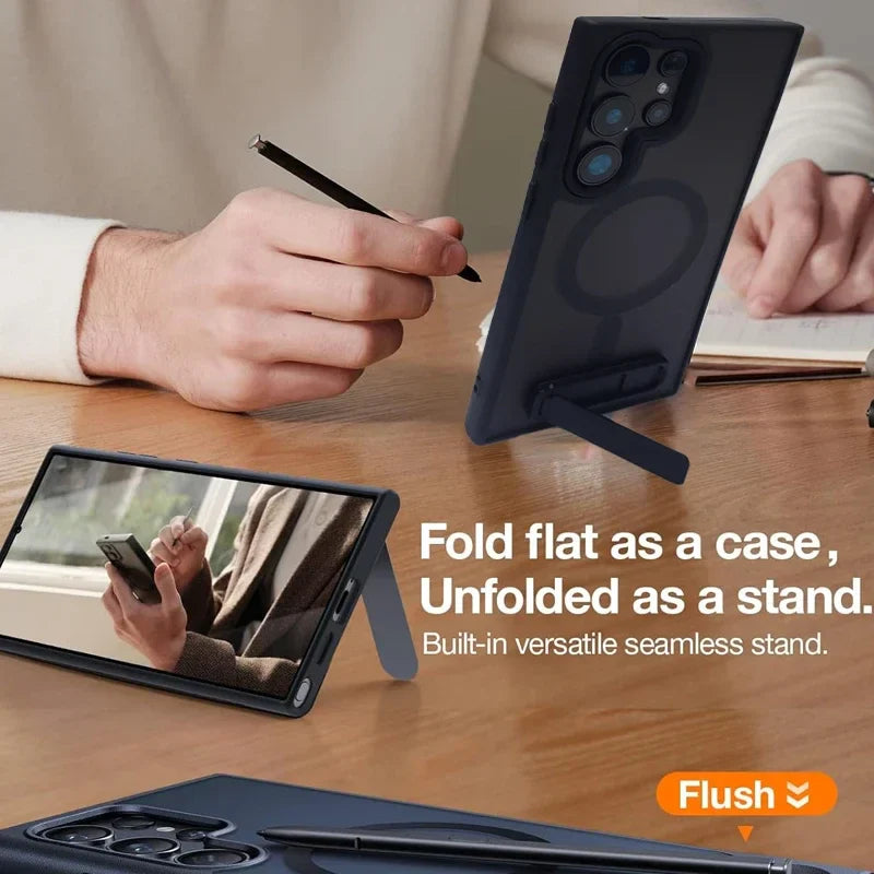 Smartphone with stand feature on a table, showing versatility.