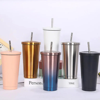 Set of colorful tumblers with straws on a white background