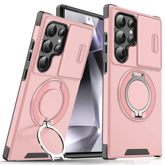 Pink phone case with ring holder on a white background