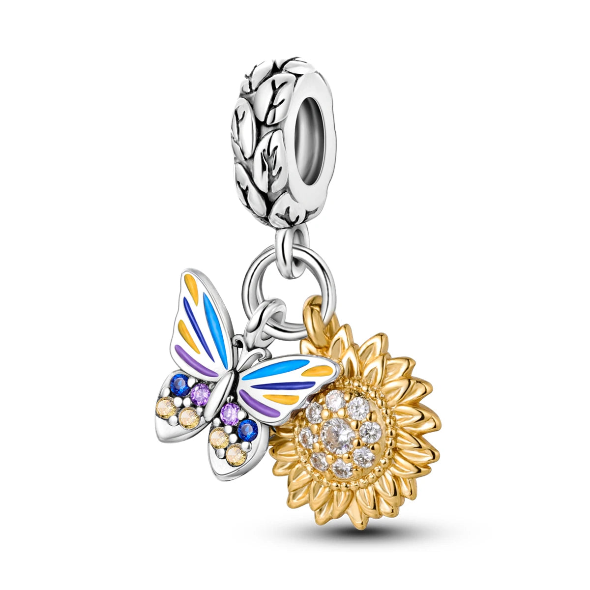 925 Sterling Silver Golden Sunflowers Heart Charms Pure Ember pandora style  butterfly and sunflower 