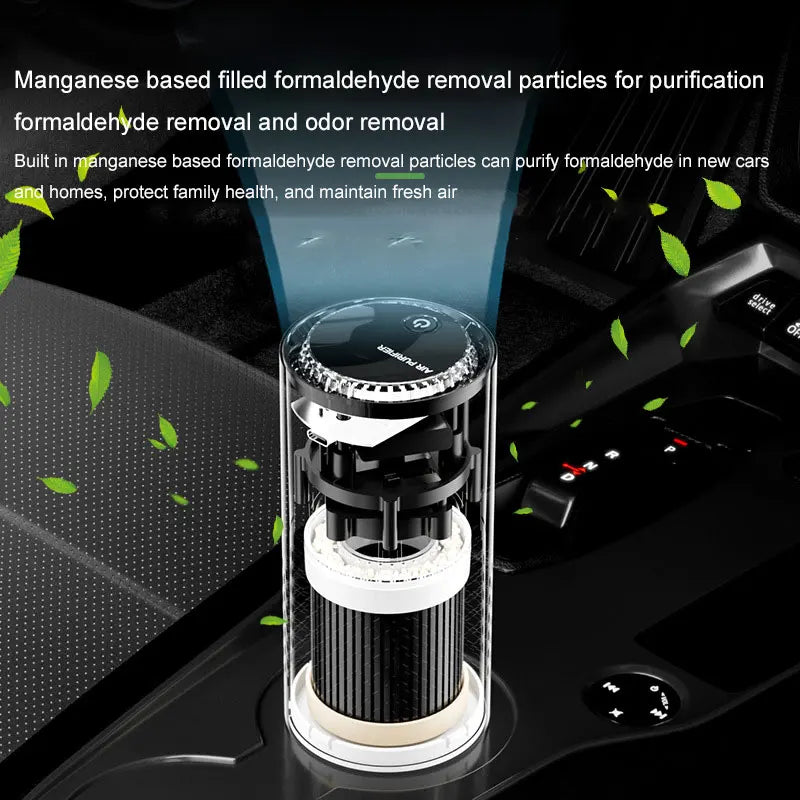 Car air freshener with formaldehyde removal particles on a car dashboard.