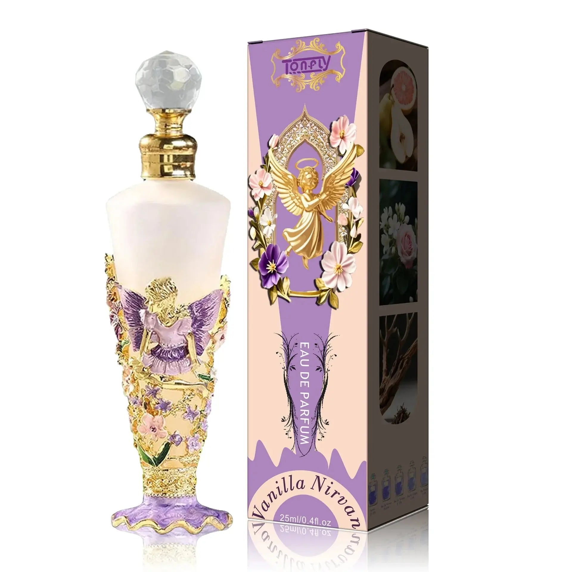 Perfume bottle with decorative design and matching box on a white background