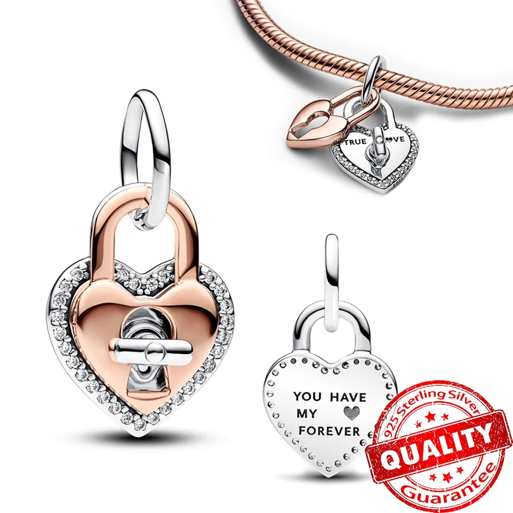 Sparkling Rose Gold Pavé Triple-row Beads Pink Gem Entwined Hearts Charm Fits Brand Bracelet Pure Ember