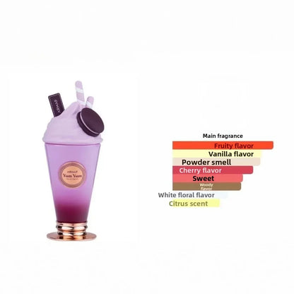 Purple perfume bottle with flavor description on a white background