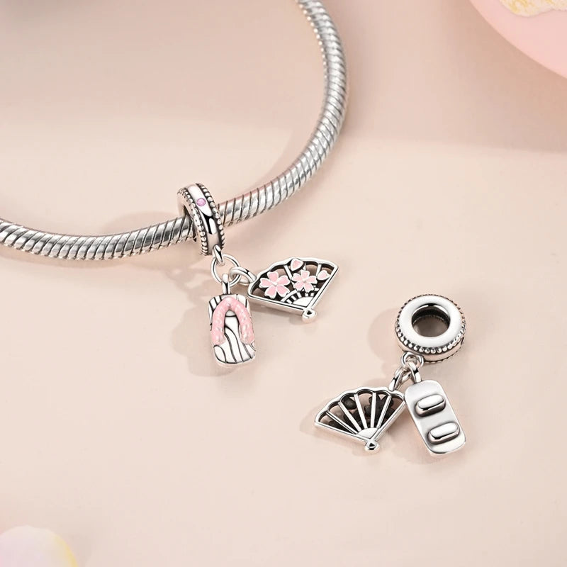 925 Sterling Silver Pink Charms Bead Butterfly Fairy Elephant Fox Pendants Pure Ember