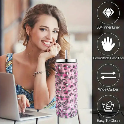 Woman using a laptop with a pink glittery tumbler, surrounded by product features on the right.