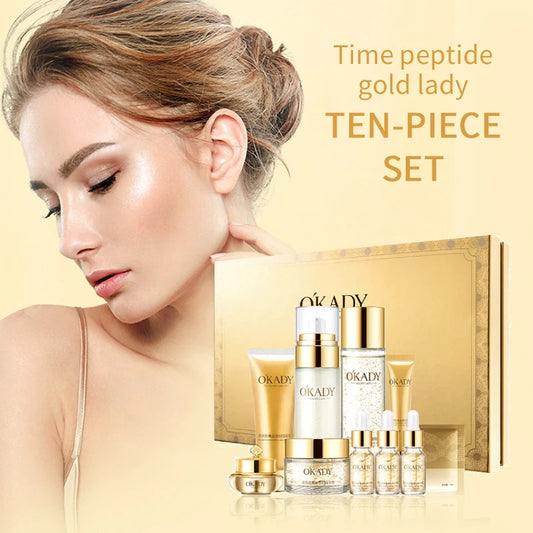 Oppe Time Peptide Gold Lady 10 Piece Set Hydrating Skin Care Set Box Moisturizing Repair Cosmetics Brightening Skin Nourishing Skin Unisex Sensitive Skin Suitable Deep Hydrating Gift Box Pure Ember