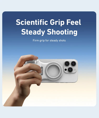 Hand holding a smartphone with a grip增强器, featuring text 'Scientific Grip Feel Steady Shooting'.