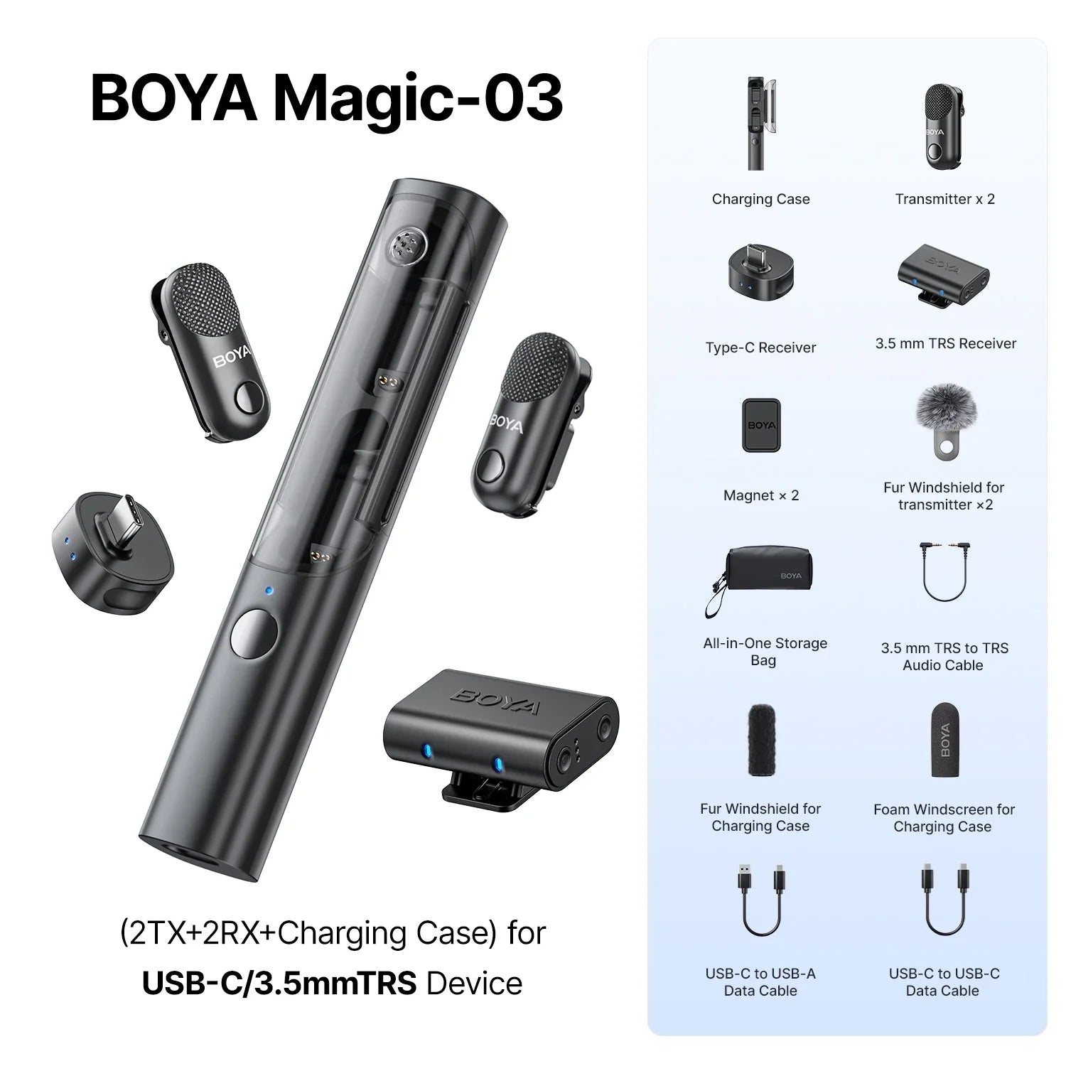 BOYA Magic-03 wireless microphone system with accessories on a white background