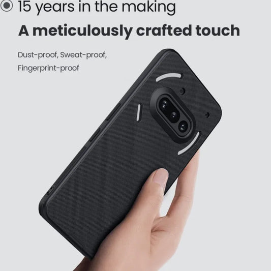Black phone case held by a hand with text about its features on a light gray background
