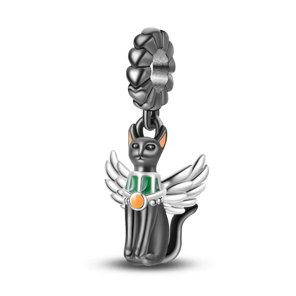 Cat-shaped pendant with angel wings and a braided design on a white background
