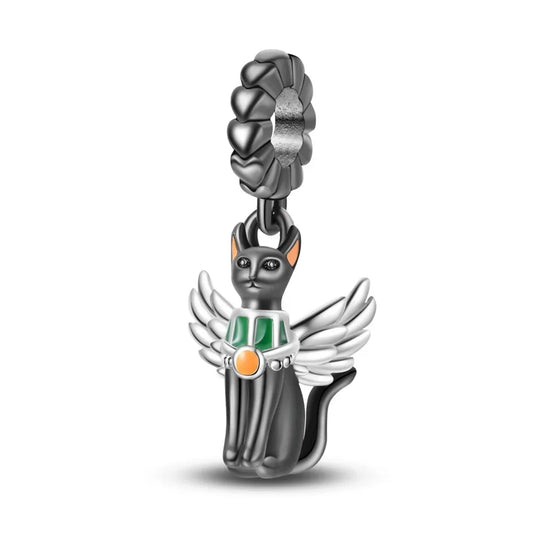 Cat-shaped pendant with angel wings and a braided design on a white background