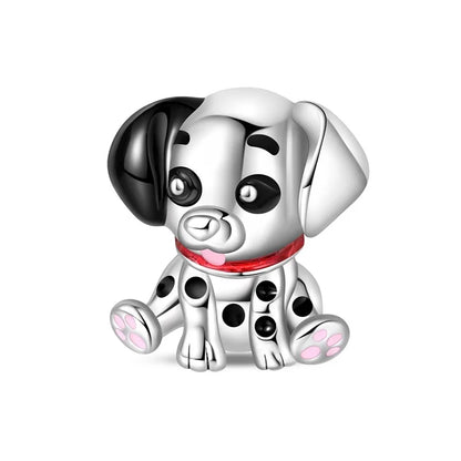 Silver dog charm with black spots and a red collar on a white background. pandora style charm pendant. dalmatian. 