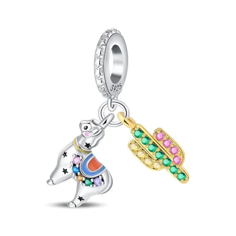 Donkey and a cactus Silver charm with colorful design on a white background