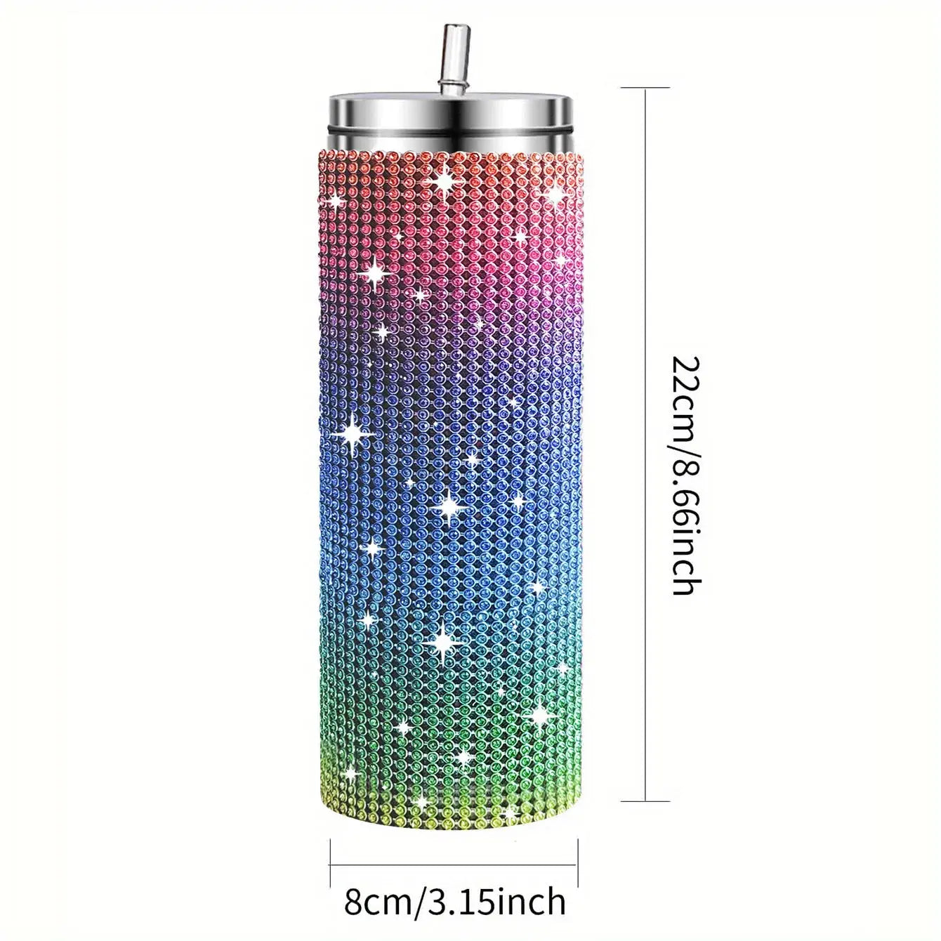 Gradient color tumbler with rhinestone embellishments and dimensions on a white background