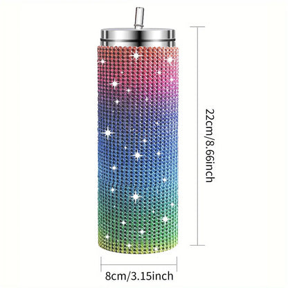 Gradient color tumbler with rhinestone embellishments and dimensions on a white background