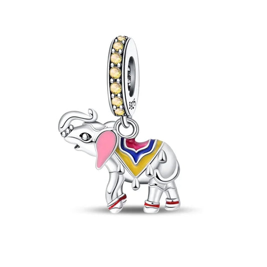 Silver elephant charm with colorful details on a white background