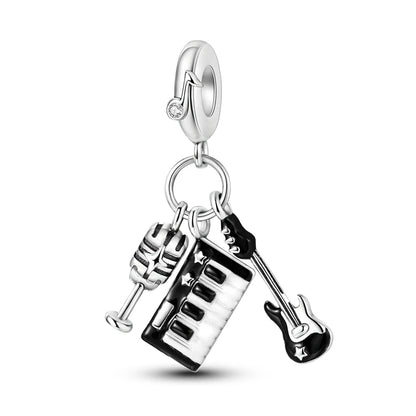 Silver charm with a microphone, piano keys, pandora style charm pendant. Gothic style, halloween theme. Muscian, singer, keyboard, guitarist 