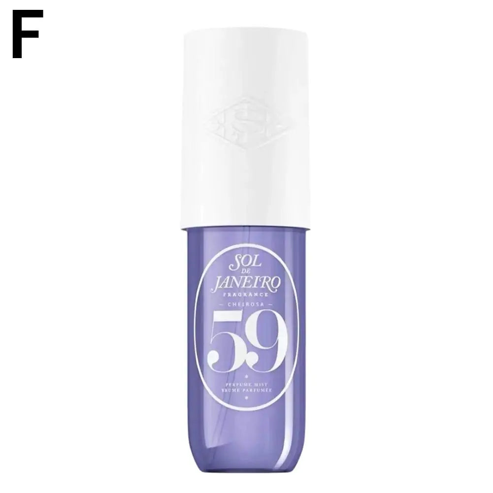 Sol Janeteiro 59 Purple and white bottle of Sol de Janeiro fragrance on a white background