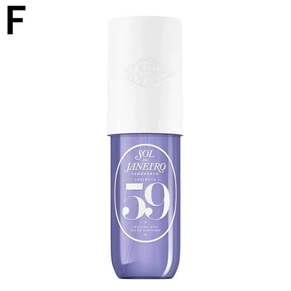 Sol Janeteiro 59 Purple and white bottle of Sol de Janeiro fragrance on a white background