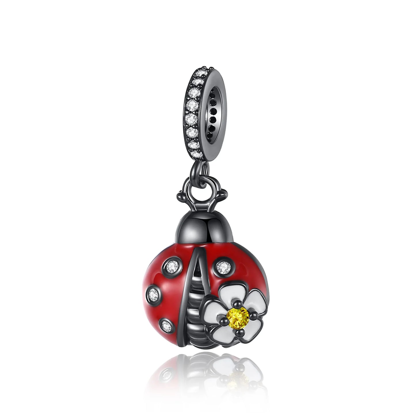 Red ladybug black charm charm with a yellow center on a white background. pandora style charm pendant. Gothic style, halloween theme 