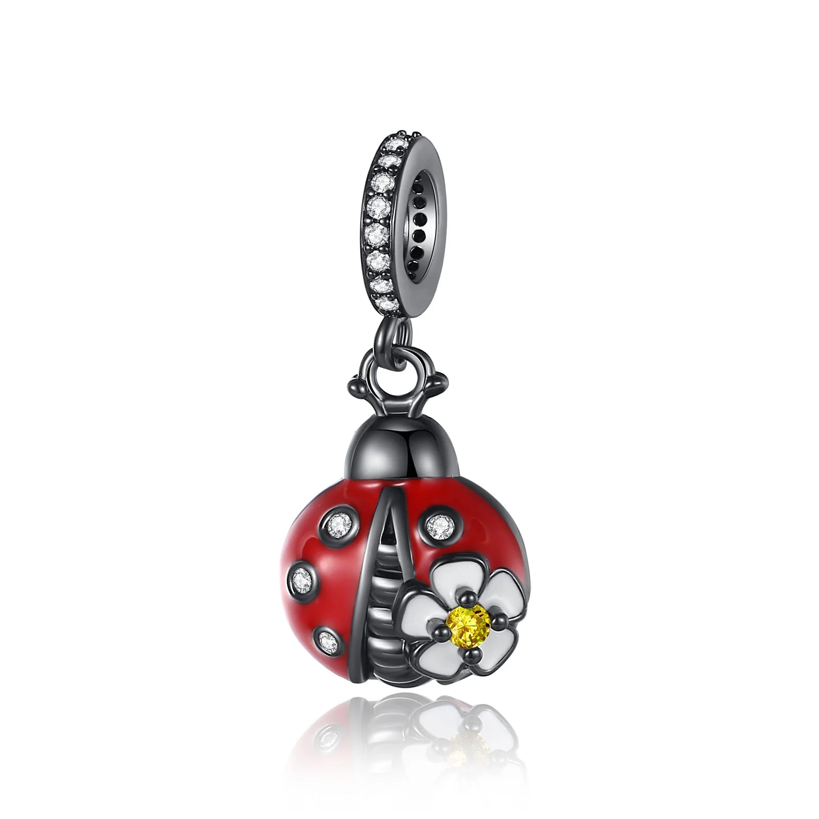 Red ladybug black charm charm with a yellow center on a white background. pandora style charm pendant. Gothic style, halloween theme 