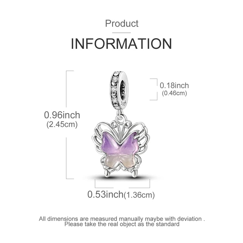 925 Sterling Silver Charms Bead Luminous Butterfly Dangle Fit Pure Ember