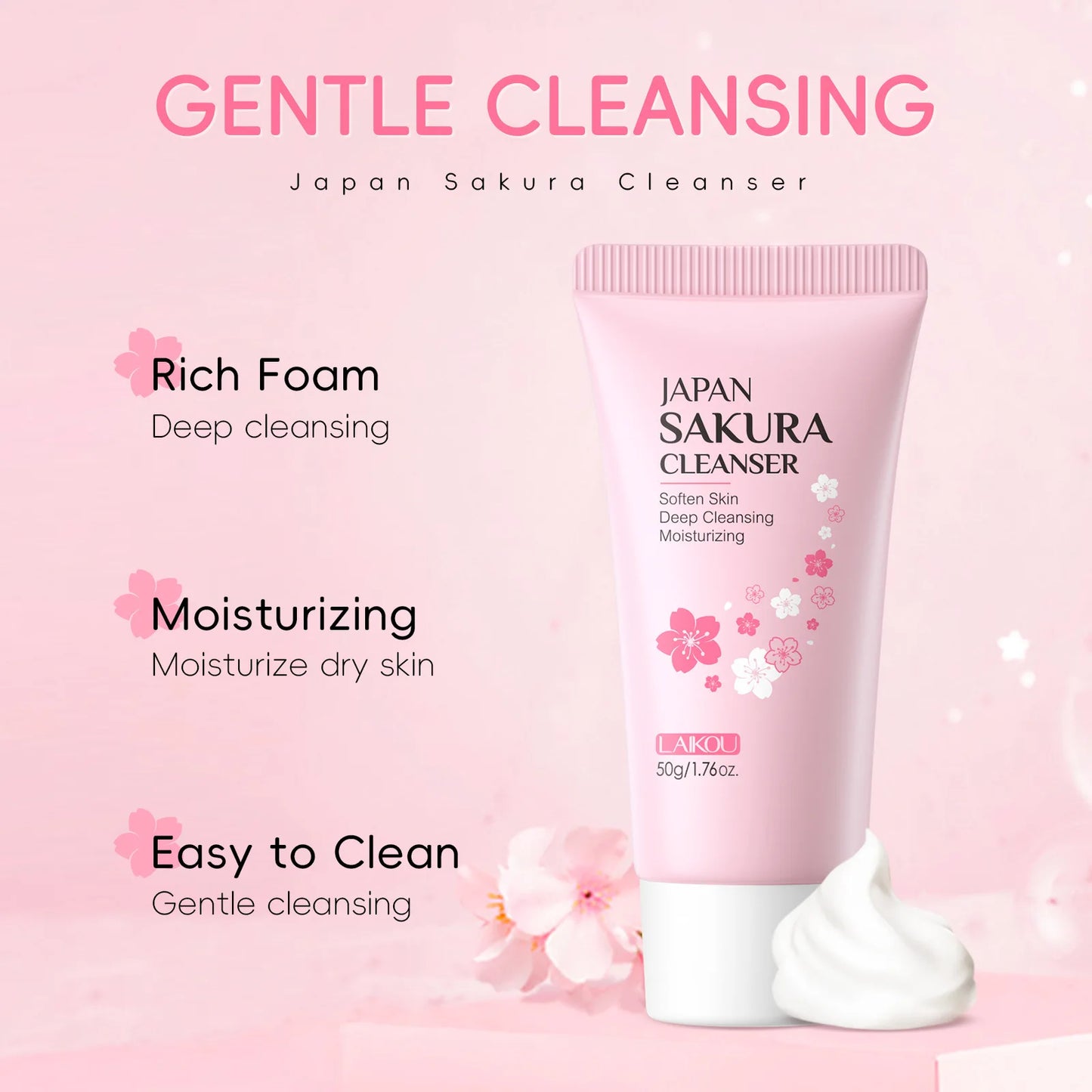 Japan Sakura Cleanser tube with product features on a pink background