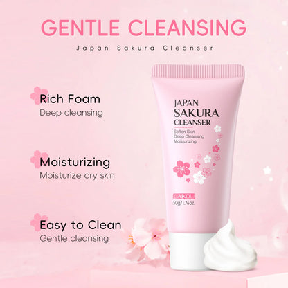 Japan Sakura Cleanser tube with product features on a pink background