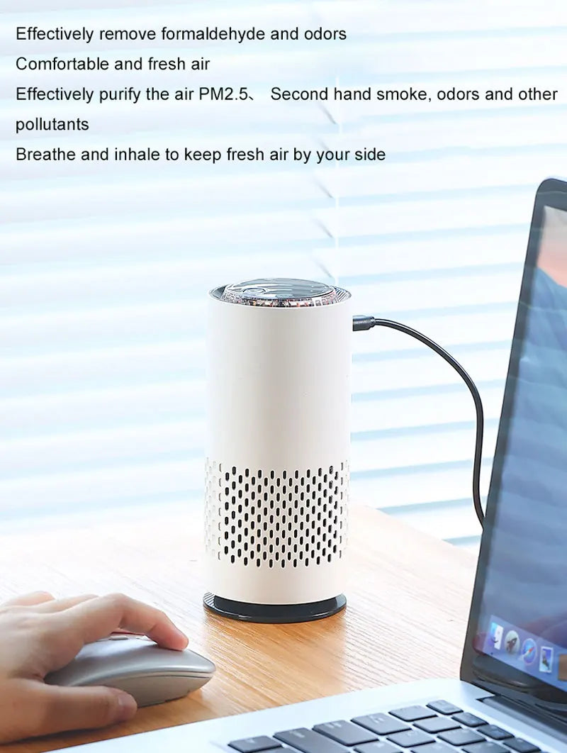 Air purifier on a desk with text about its functions