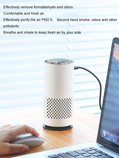 Air purifier on a desk with text about its functions