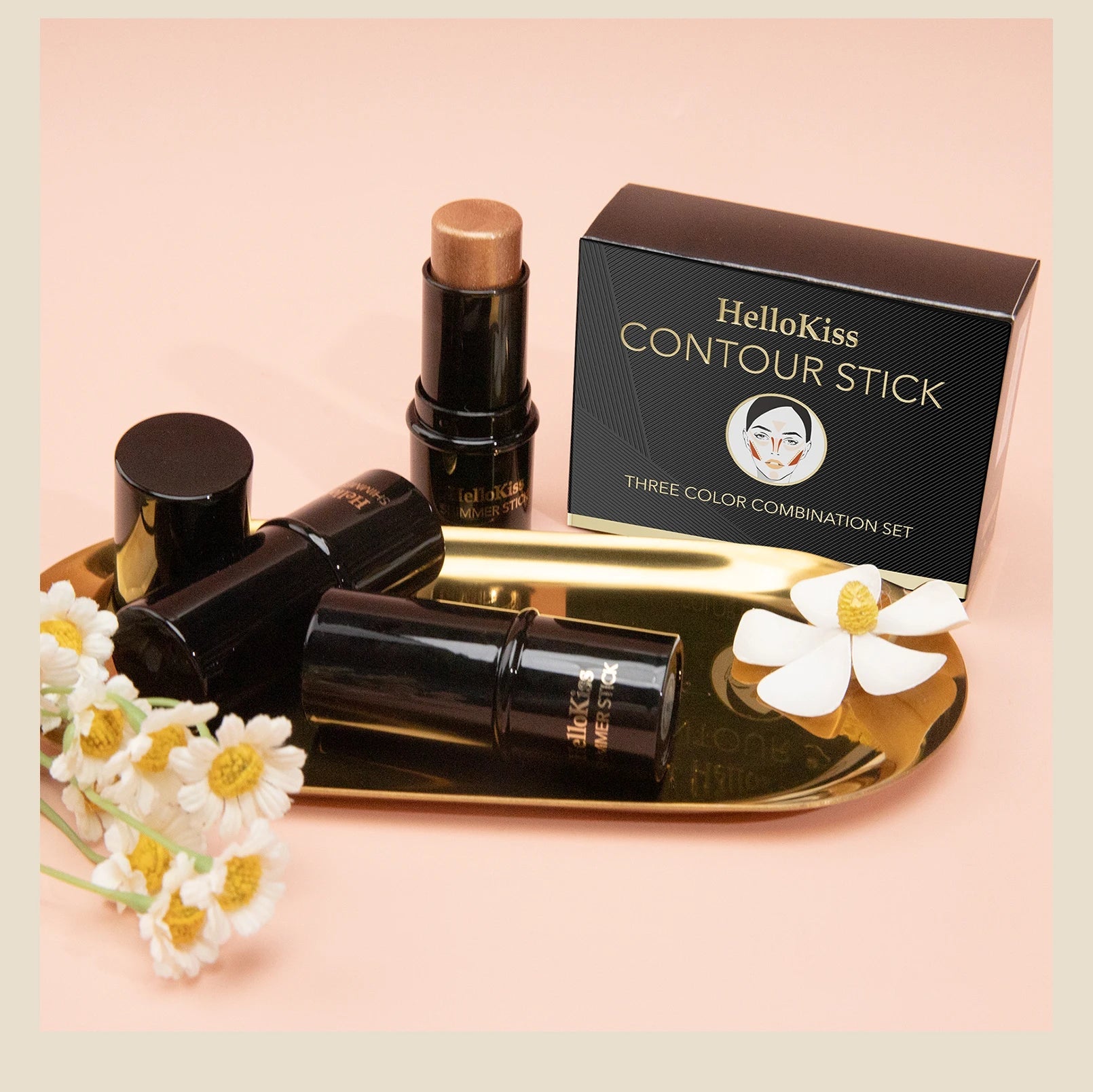 4pcs Contour Stick, Highlighter Stick, Blush Stick 4pcs Cream Contour Kit with Contour Brush, Contour, Non-greasy Pure Ember