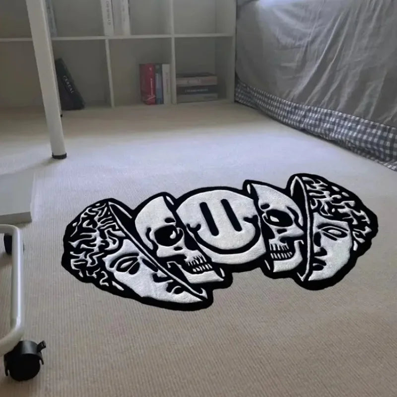 Decorative rug with skull design on a carpeted floor
