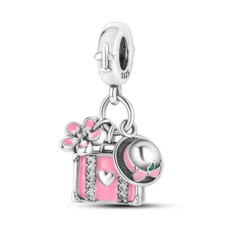 925 Sterling Silver Pink Series Colour Charms Beads Cut Girl Flower Pendant