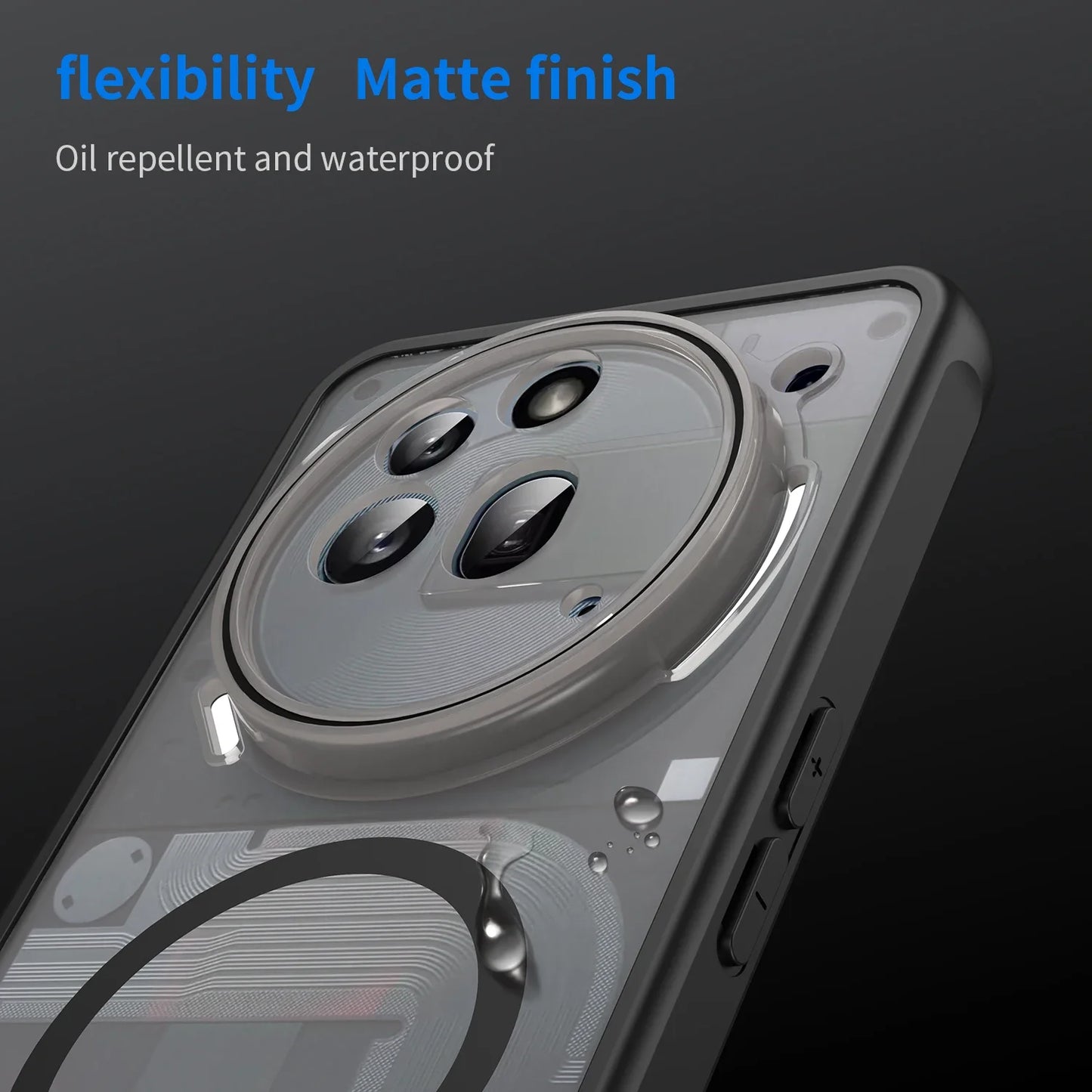 Phone case with matte finish, oil repellent, and waterproof features on a dark background