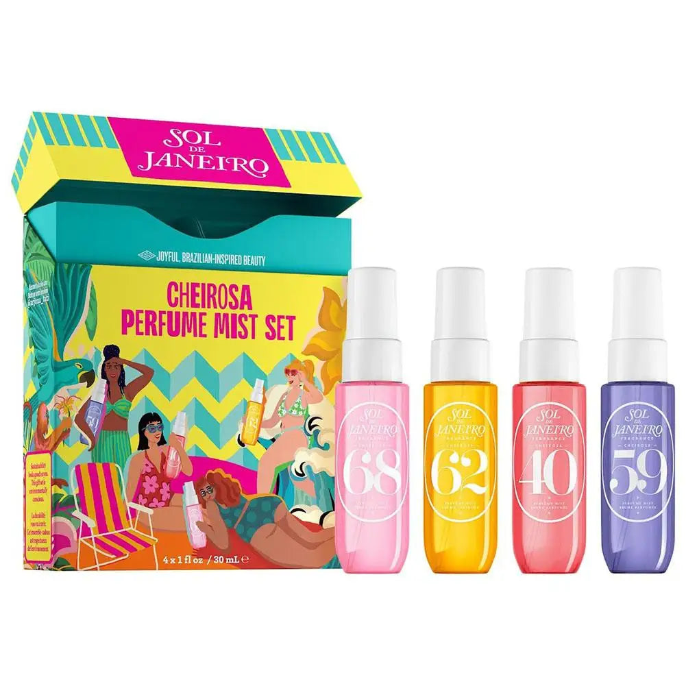Set of Janeiro Cheirosa Perfume Mist bottles with colorful packaging on a white background