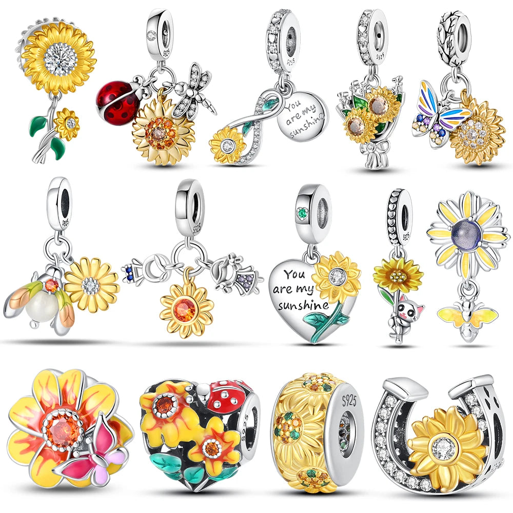 925 Sterling Silver Golden Sunflowers Heart Charms Pure Ember pandora style 