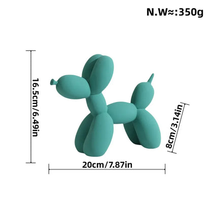 Teal balloon dog sculpture with measurements on a white background