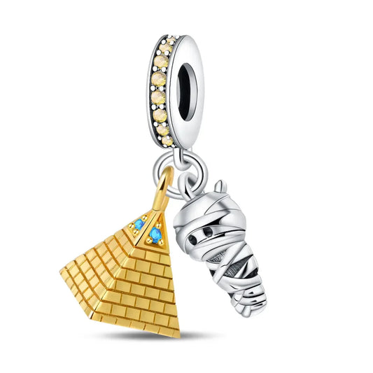 Pandora-style charm with mummy and pyramid design on a white background